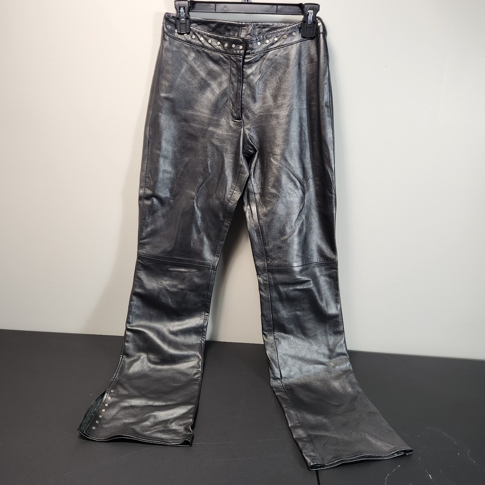 New Vintage Cache Gray Leather Pants Sz 4 Side‎ Slits Bootcut Studded Biker Goth